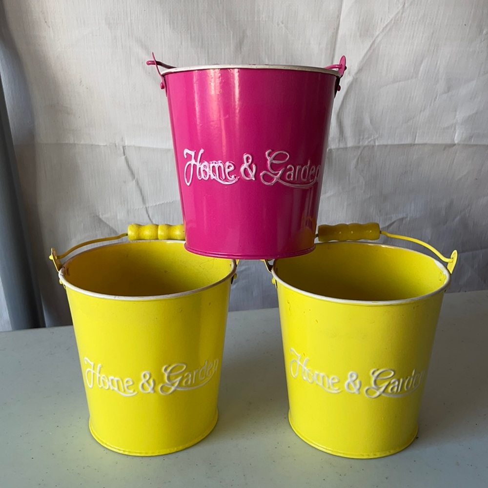Set of 3 Cute Metal Pails Home and Garden Planters